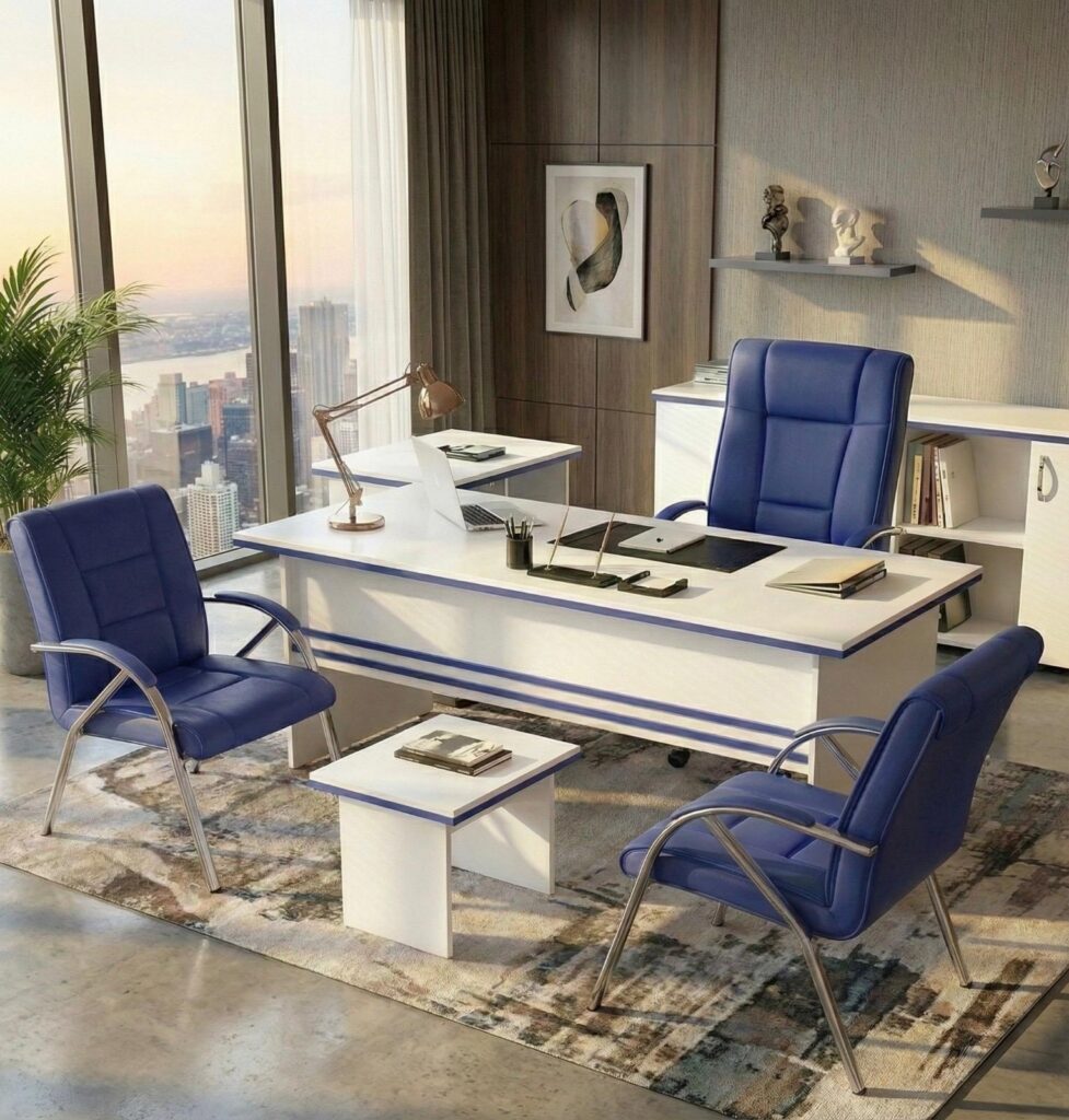 beyaz lacivert ofis masası